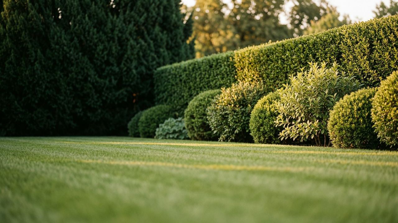 Symbolbild, mit KI erzeugt: Garten mit Rasen und Hecken im Abendlicht. Kein Projekt von Bazid Daoud.